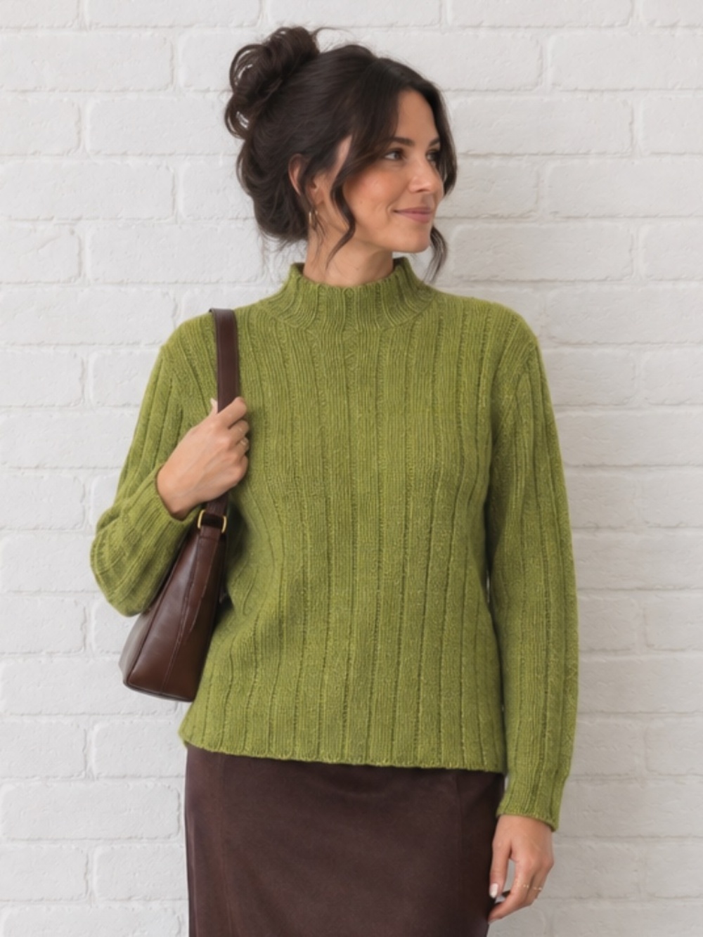 J.Crew Lambswool Green Chunky Ribbed Mockneck Pullover Sweater L/XL